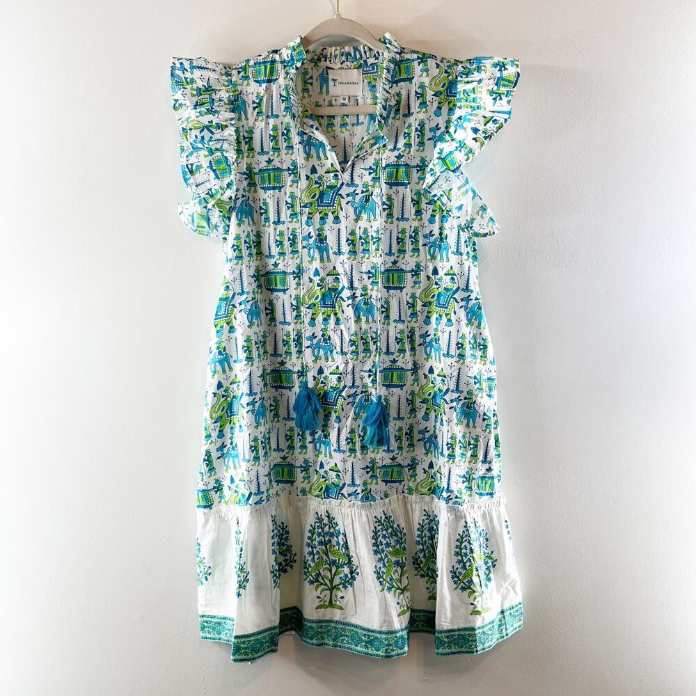Islapayal Cotton Tunic Printed Ruffle Sleeve Mini Dress White Blue Green Medium - Picture 2 of 6